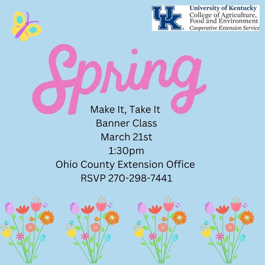 Text reading Spring Make It, Take It Banner Making Class March 21st at 1:30pm with floral design and a blue background
